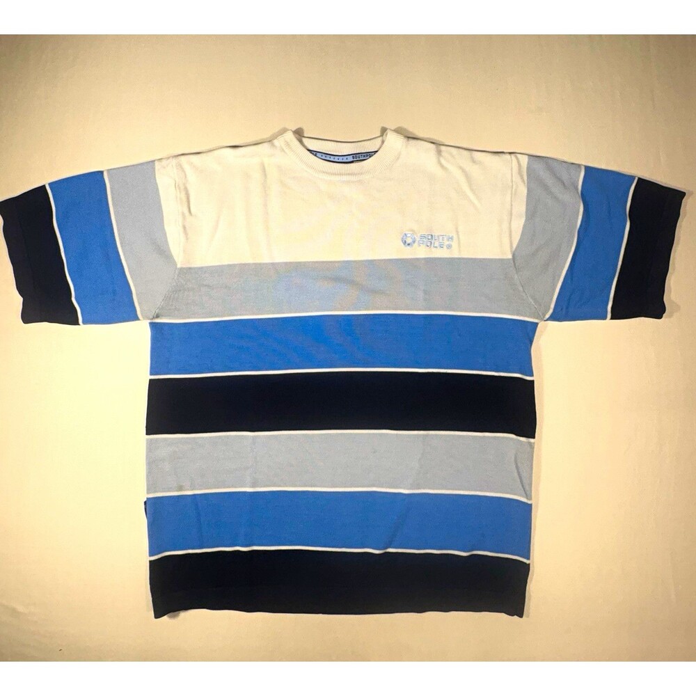 Vintage Y2K Southpole Striped Knit Shirt Men's L Blue White Short Sleeve
